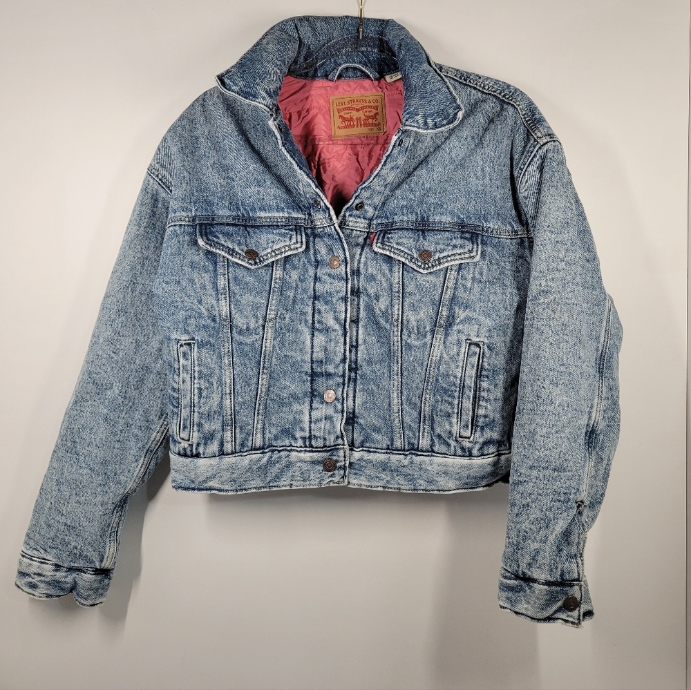 Levi's Denim Padded Trucker Acid Washed Insulated Jean Jacket Women Size XS Read